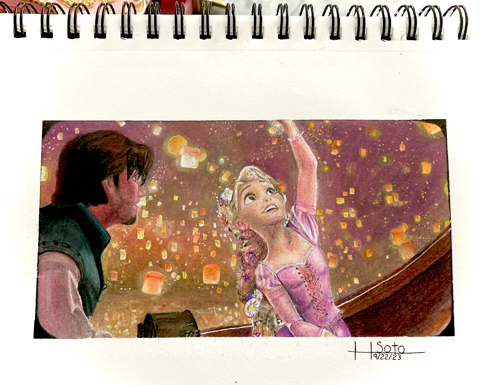  hand drawn picture of Rupunzle and Eugene from Disney's Tangled, sitting in a row boat surrounded by floating lanterns.